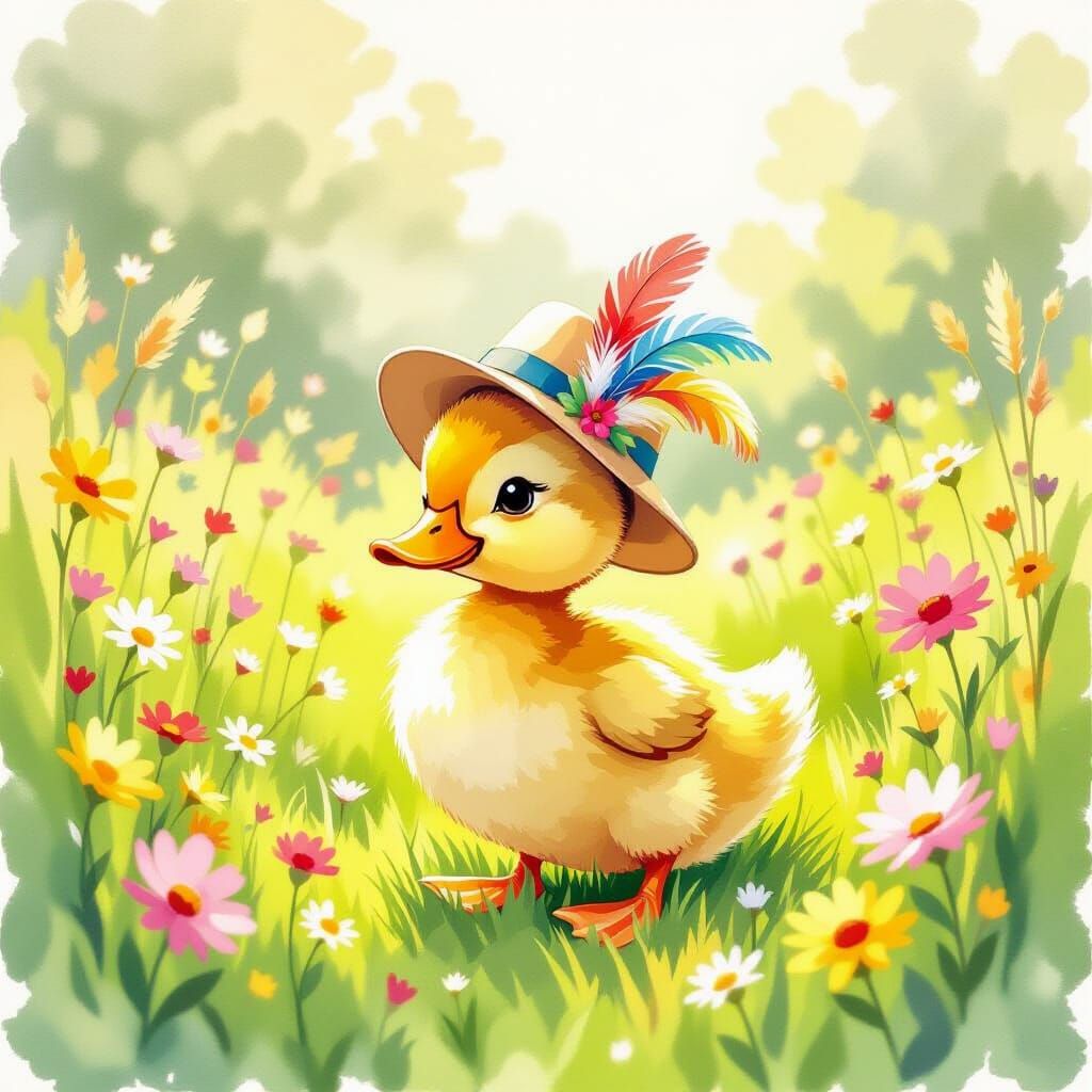 Duckling in Meadow, Watercolor Illustration