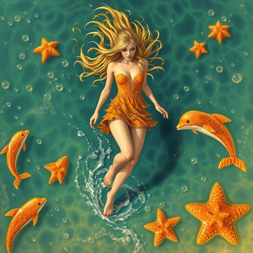 Woman Gliding Over Soda Sea in Whimsical Style