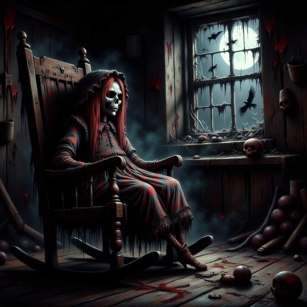 Dark Fantasy Raggedy Ann Haunts a Moonlit Attic