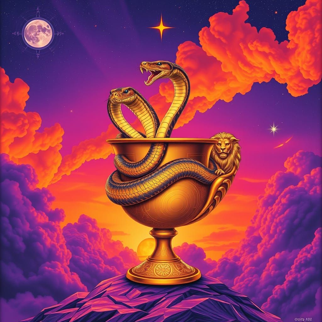 Mystical Golden Chalice Scene with Cosmic Snakes