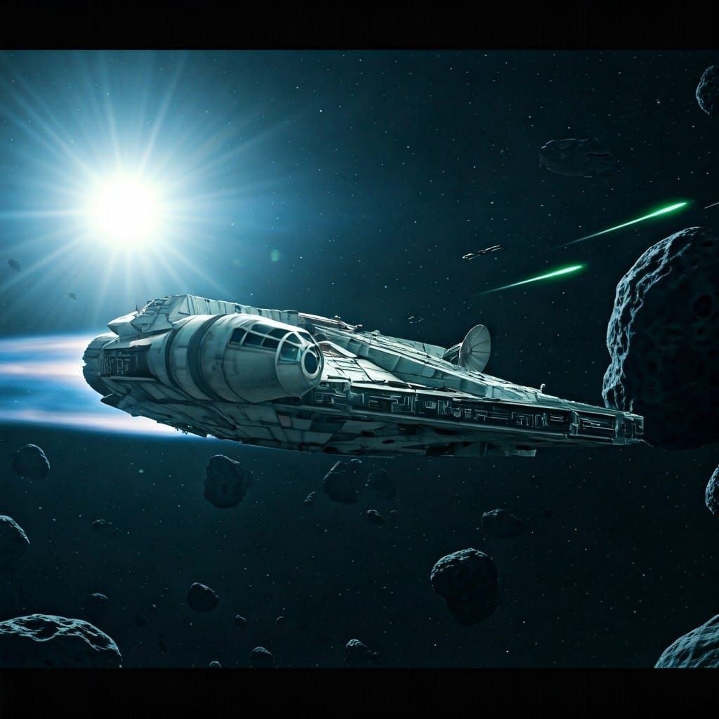Surreal Space Opera Scene: Millennium Falcon in Asteroid Fie...