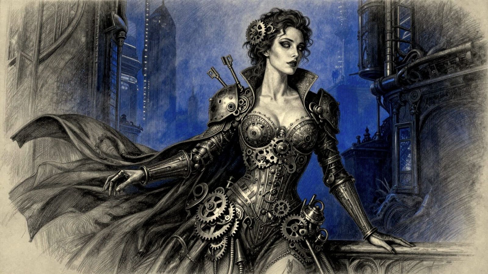 Steampunk Figure in Neo-Futuristic Cityscape
