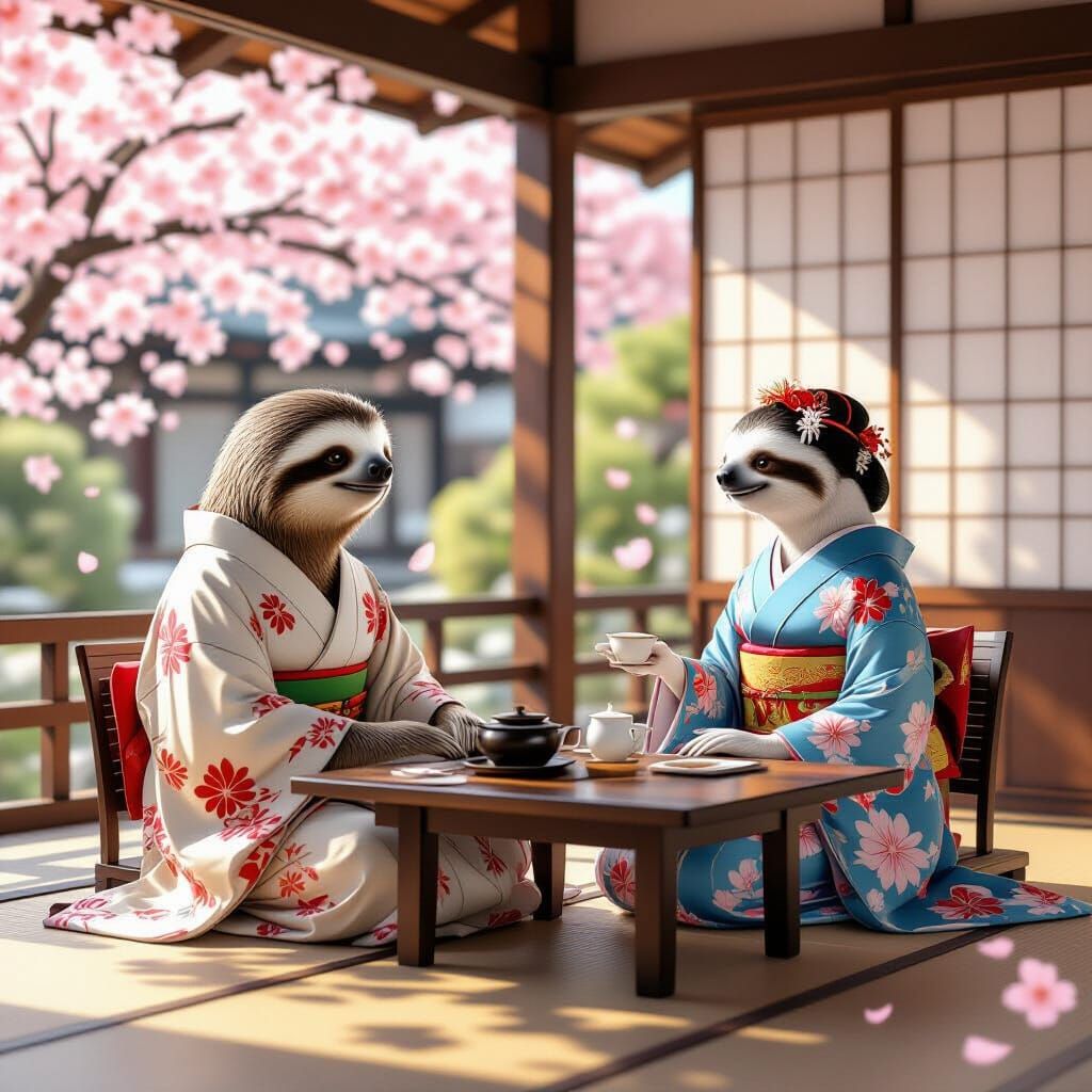 Gentle Sloths in Kimonos Enjoying Tea in Japanese Garden