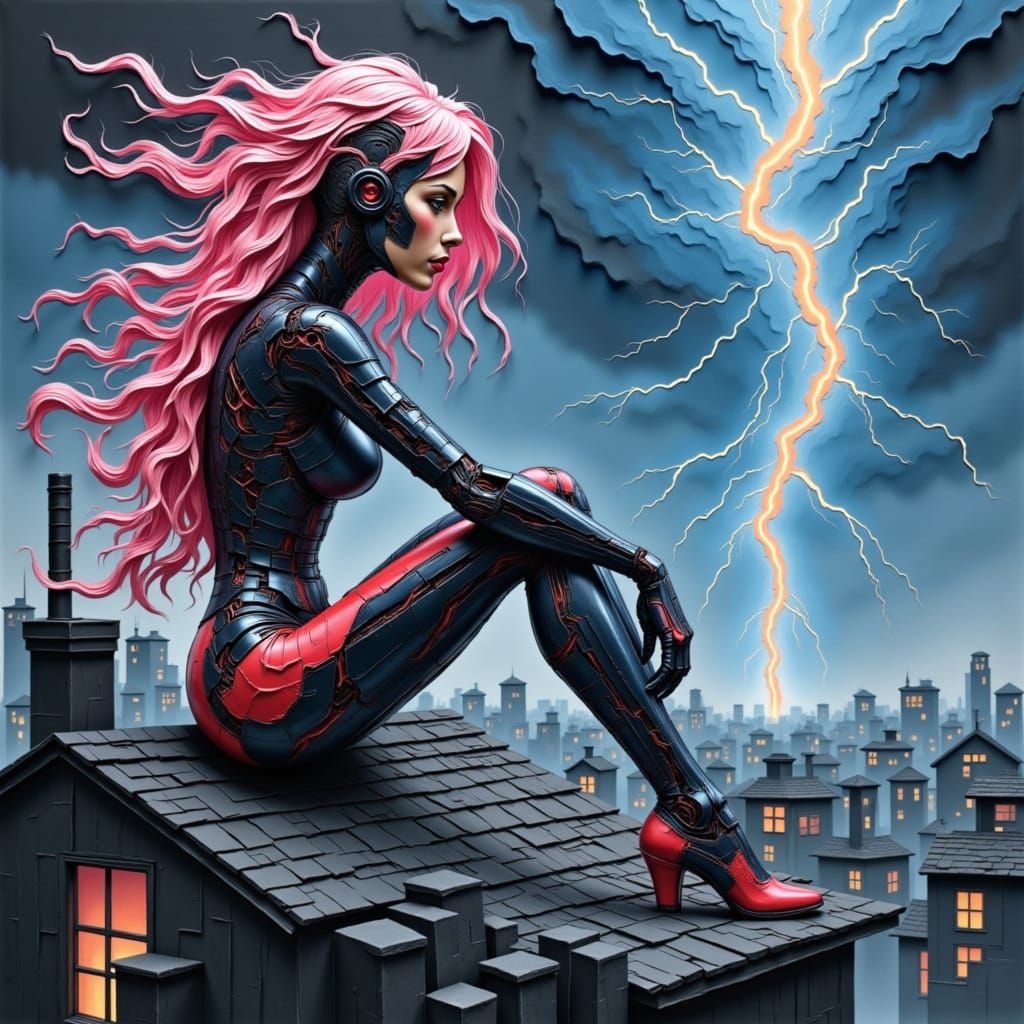 Female Cyborg Charges in Lightning Storm as Papercut Art