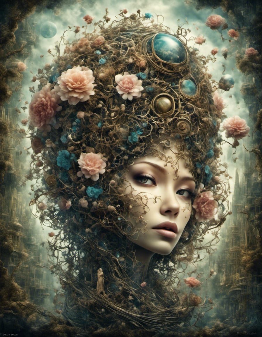 Post-Apocalyptic Steampunk Wonderland with Flowers and Moon