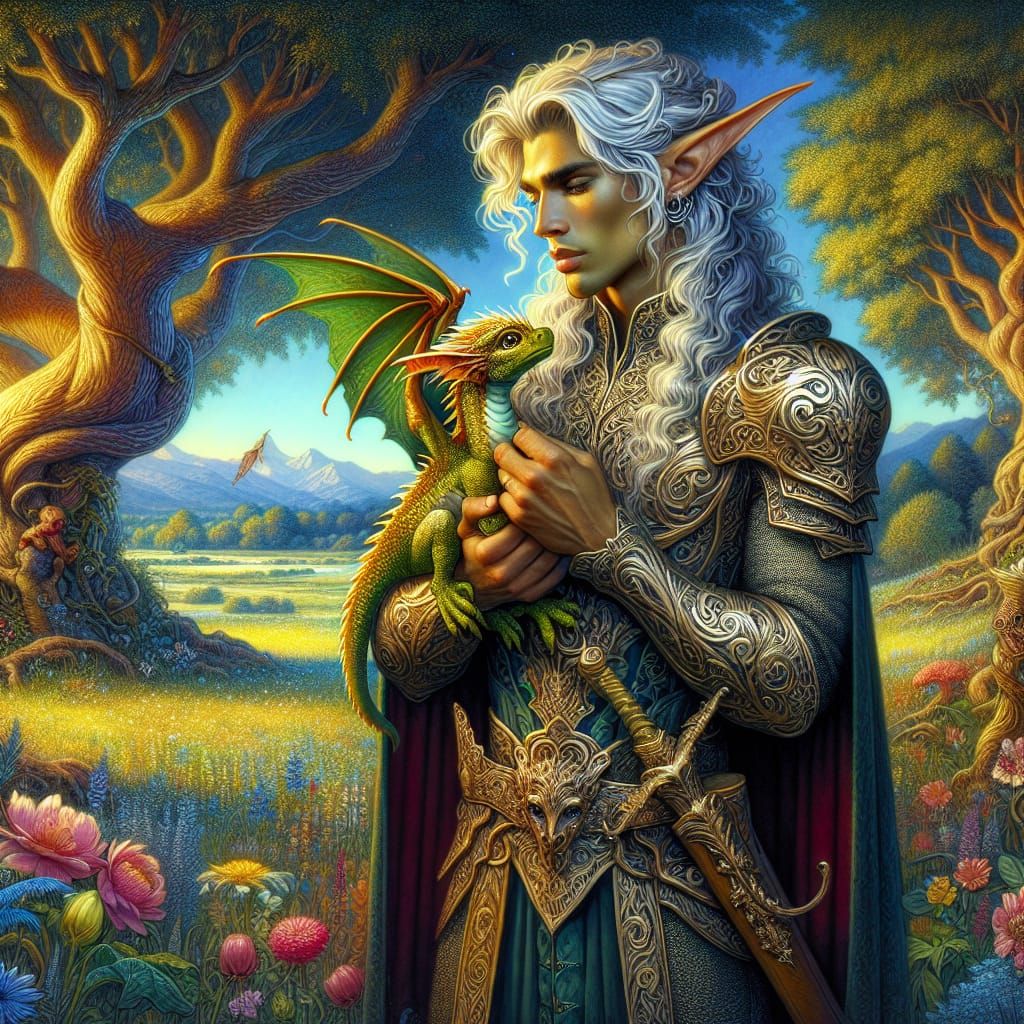 A handsome male elf ranger with flowing silver hair, clad in intricately crafted elven armor, stands in a sunlit glade, ...
