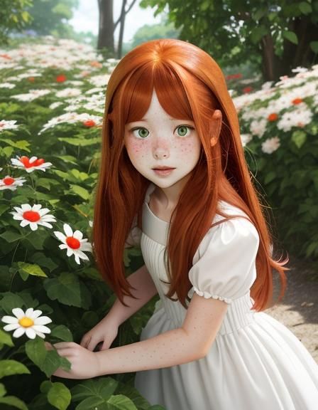 Cute Girl Picking Red Flowers in a Beautiful Studio Ghibli-I...