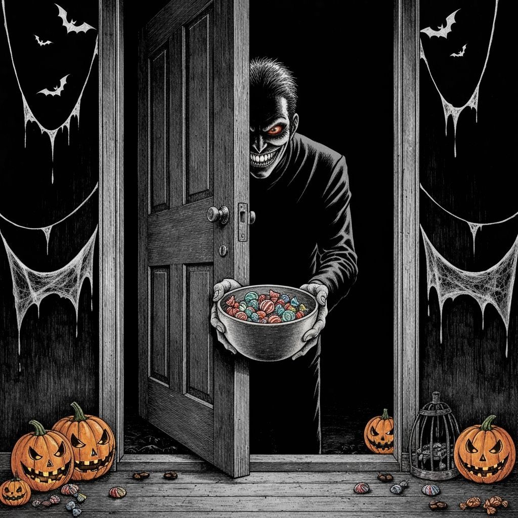 Sinister Halloween Figure Offers Candy in Dark Doorway