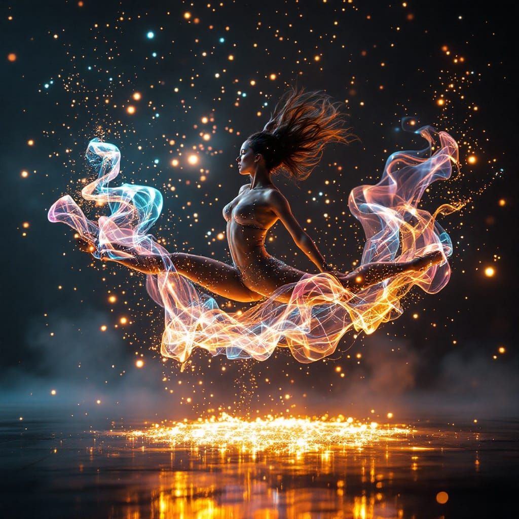 Ethereal Woman Performing Jump Split in Mid-Air with Iridesc...