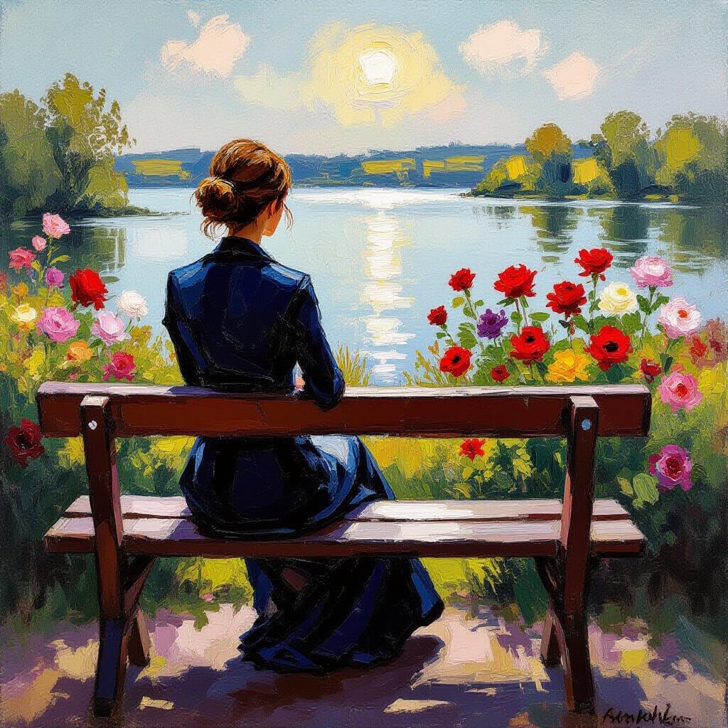 Impressionist Garden with Woman: Impasto Oil Painting