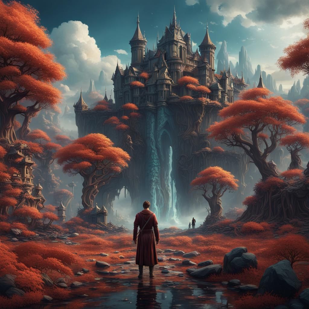 Man's Fantastical Quest for a Woman in a Vivid, Detailed Wor...