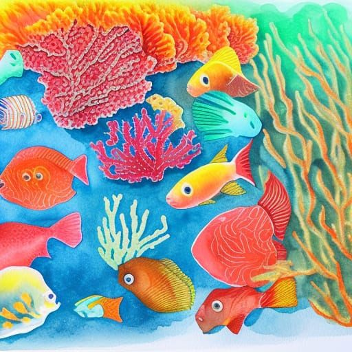 Vibrant Caribbean Corals and Fish in Watercolor