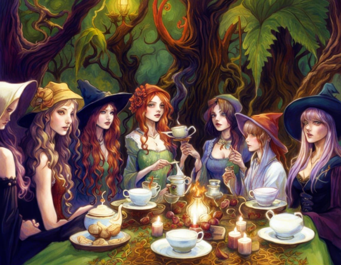 Whimsical Witches Tea Party in Vibrant Detail