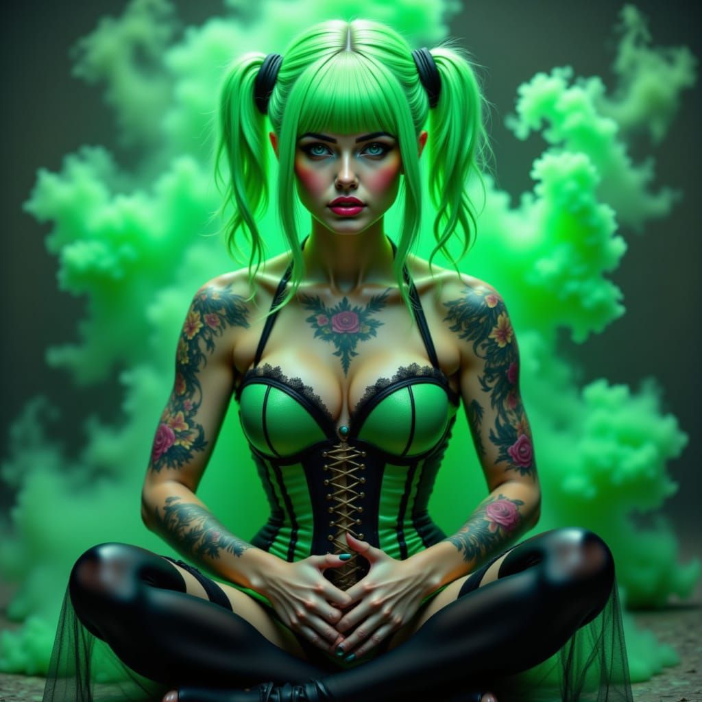Neon Green Haired Woman in Latex Outfit