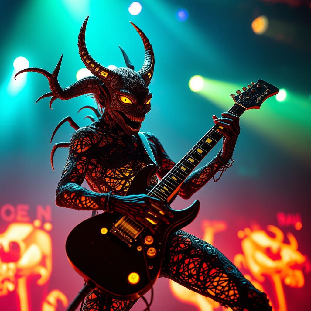Demonic Punk Rockstar in Vibrant, Bioluminescent Display