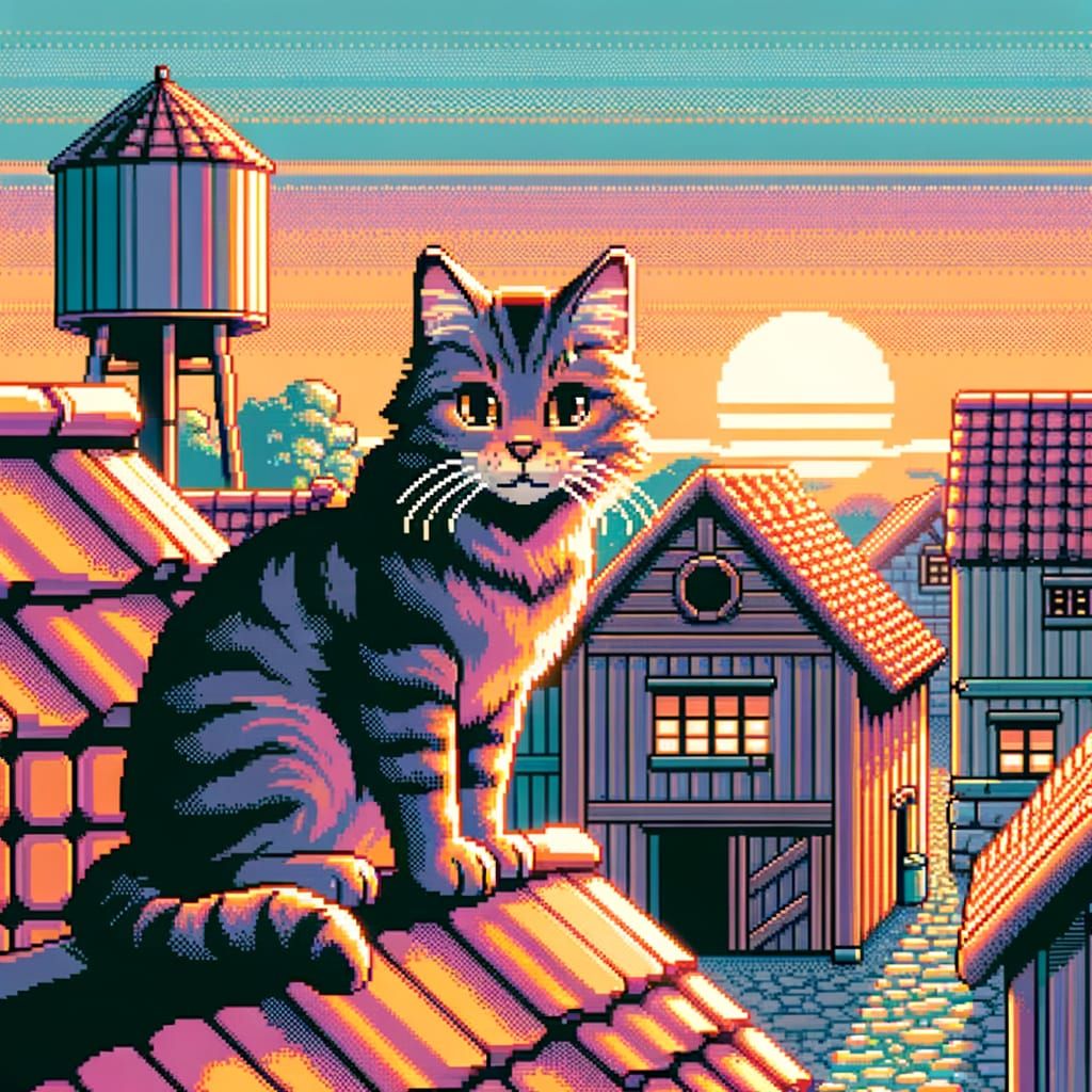 Tabby Cat on Roof at Dawn in 16-bit Pixel Art