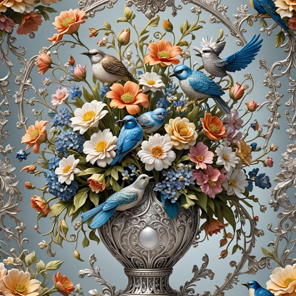 Celestial Bouquet in Ornate Vase with Songbirds