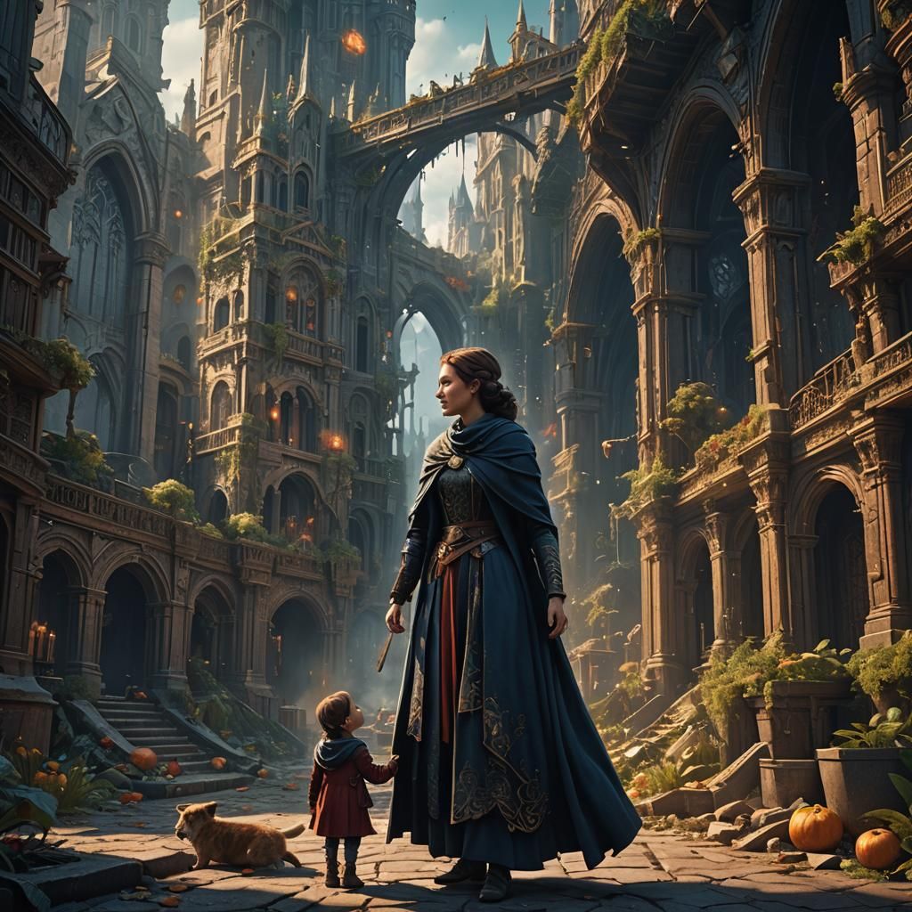 Modern Mother Warns Child of Deception in Vibrant Fantasy Sc...