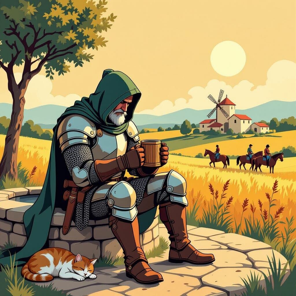 Tired Knight Resting in Italian Landscape, Minimalist Illust...
