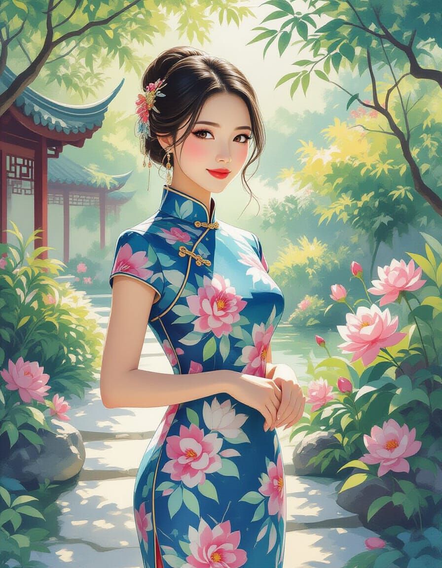 Asian Woman in Cheongsam Dress in Ethereal Garden
