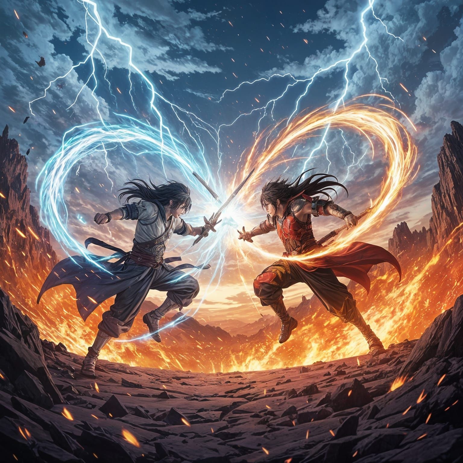 Epic Anime Battle Scene with Magical Auras and Elemental Pow...