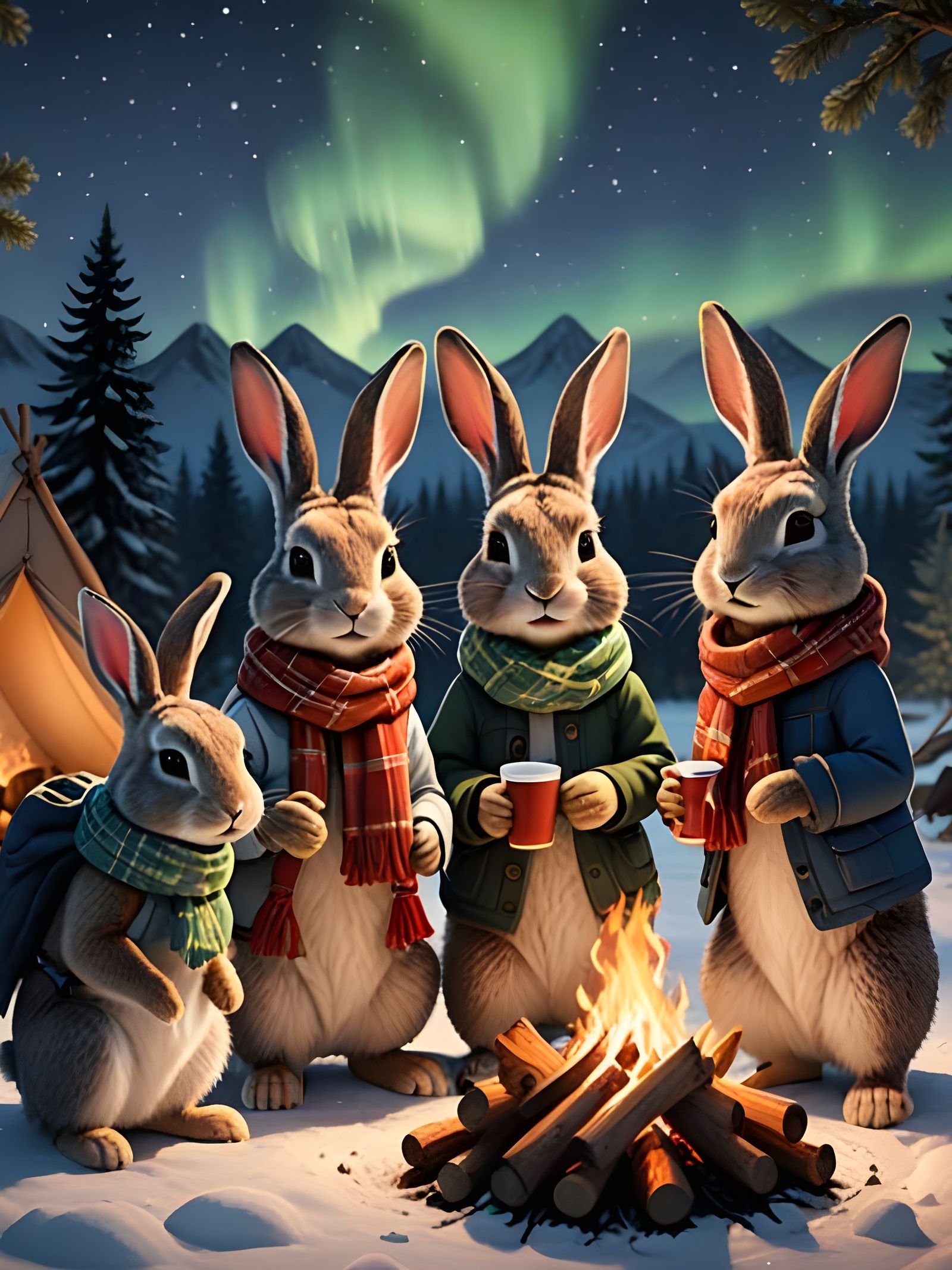 Cozy Rabbits Gather Around a Winter Campfire