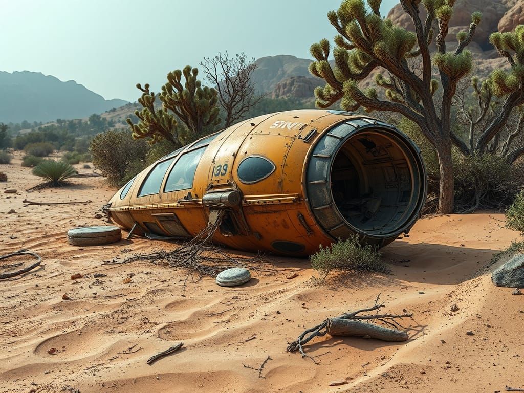 Alien Spaceship Rests in Overgrown Desert Landscape