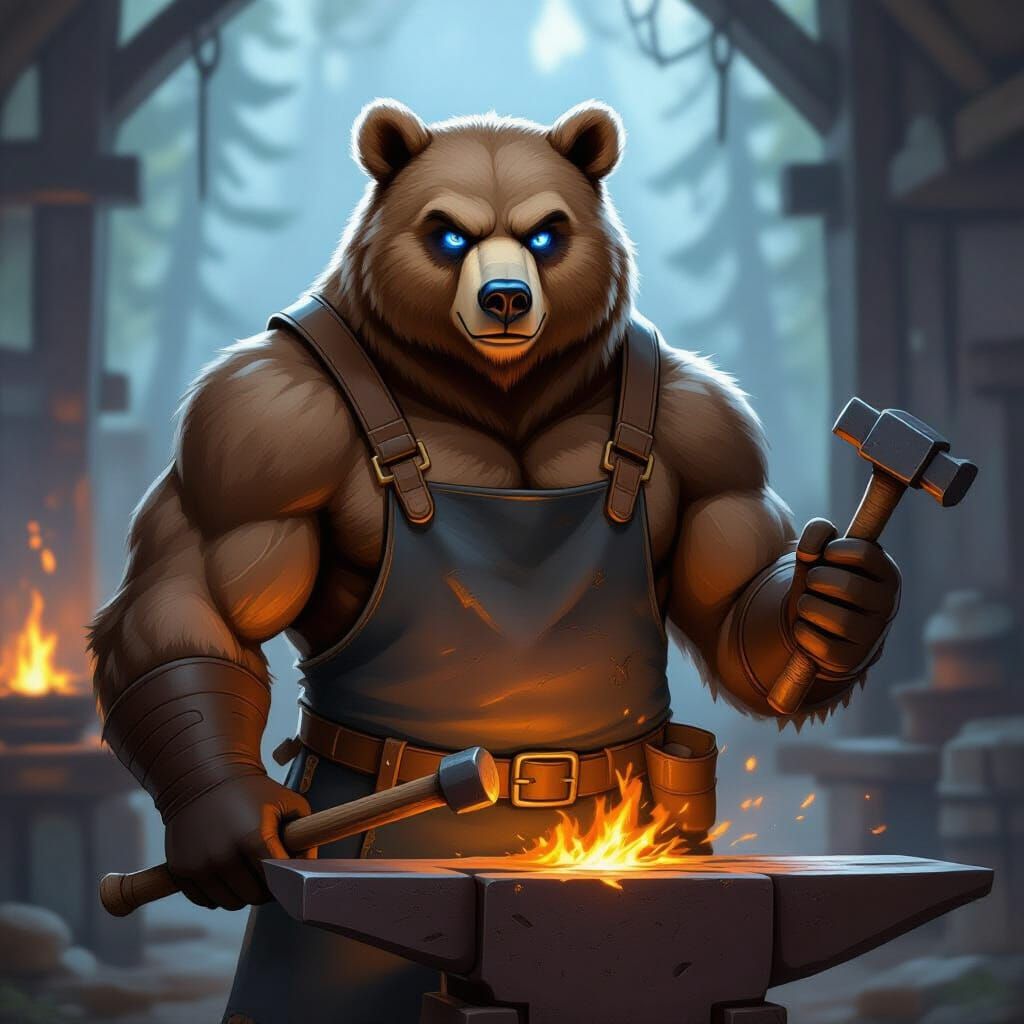 Grizzly Bear Blacksmith With Hammer