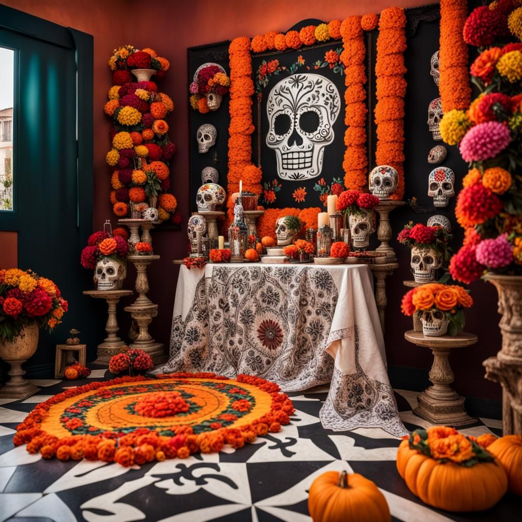 Vibrant Mexican Home with Día de los Muertos Altar in Deep C...