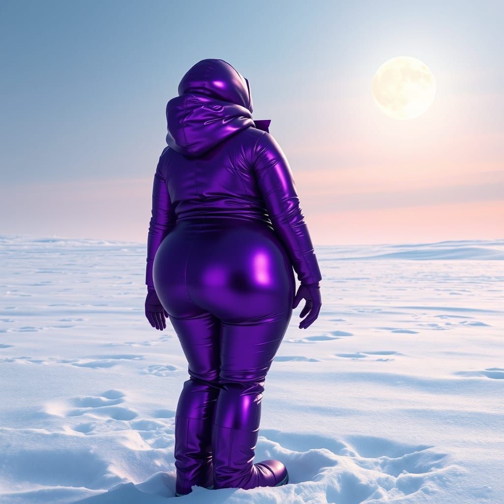 Woman in Violet Snow Suit Gazing at Moon