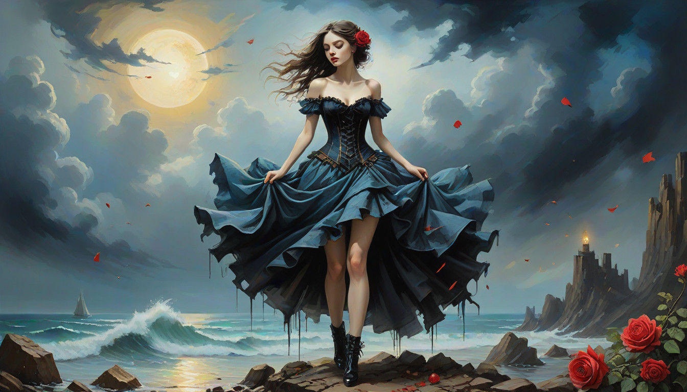 Petite Vampire Woman Silhouette Amidst Whirling Strawberries