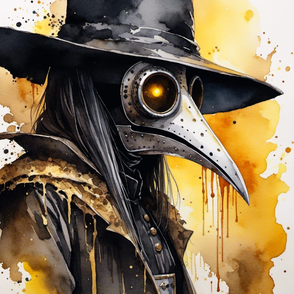 A Haunting Watercolor Plague Doctor in Horror Film Style