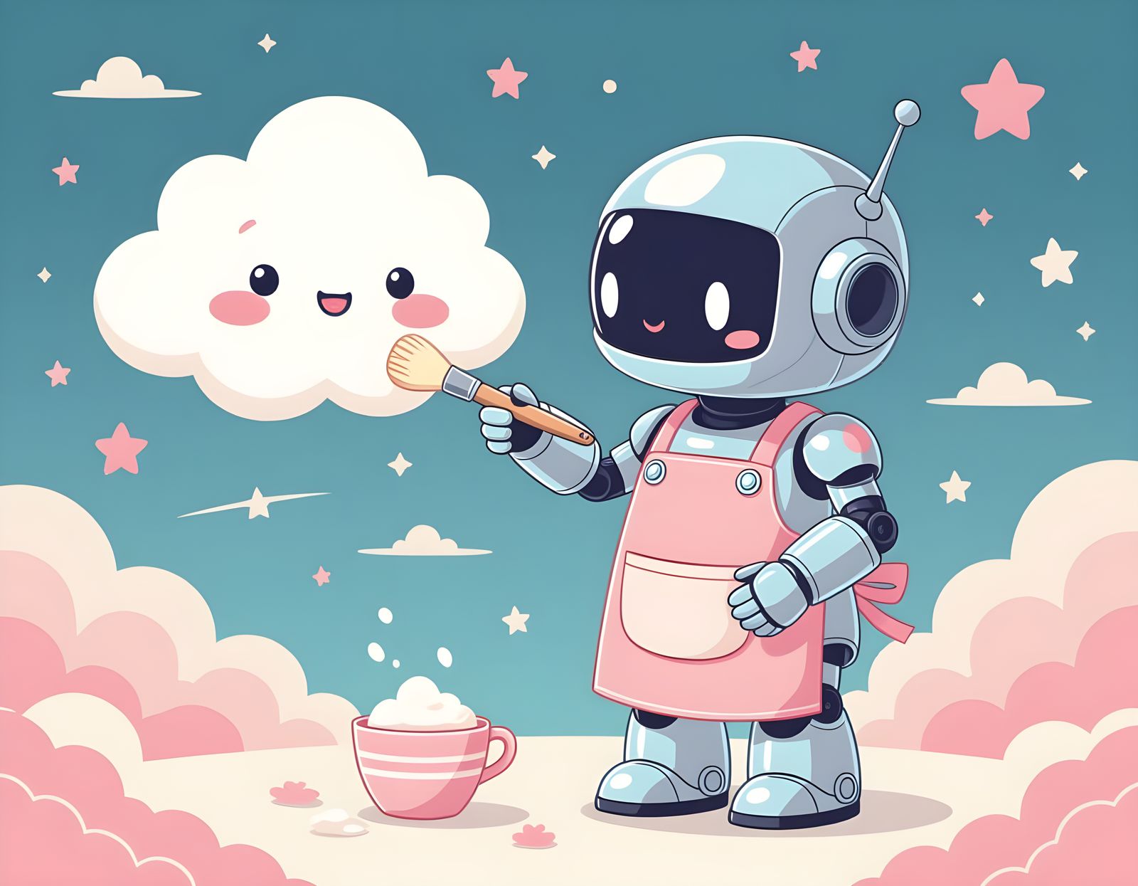 Gentle Robot Draws Cloud in Kawaii Style