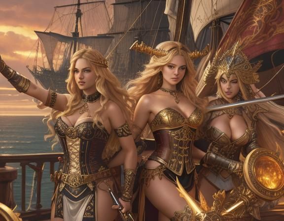 Viking Goddesses at Golden Hour, in Fantasy Concept Art Styl...