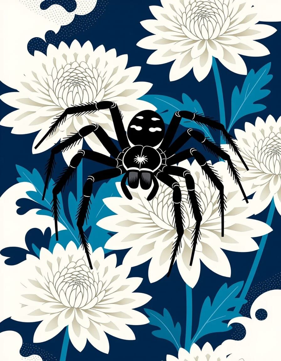 Spider on Chrysanthemums in Ukiyo-e Style