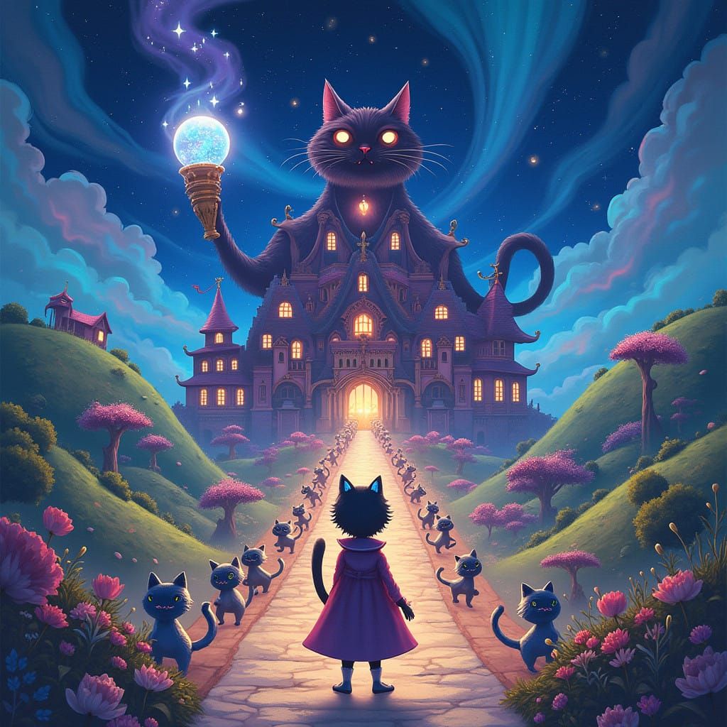 Whimsical Cat Kingdom with Fantastical Palace and Magical At...