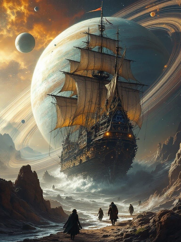 Ethereal Galleon Sails Through Celestial Rings