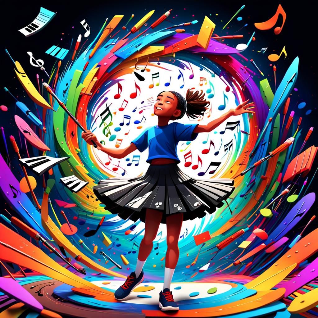 Young Artist Surrounded by Creativity in Whirlwind of Imagin...