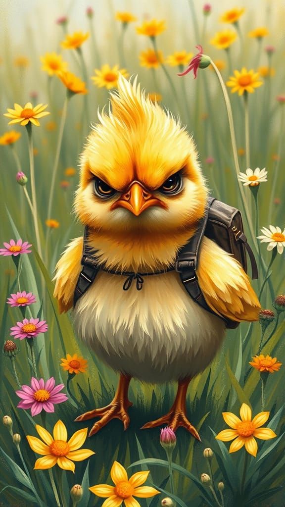 Grumpy Chick in Meadow: A Digital Illustration