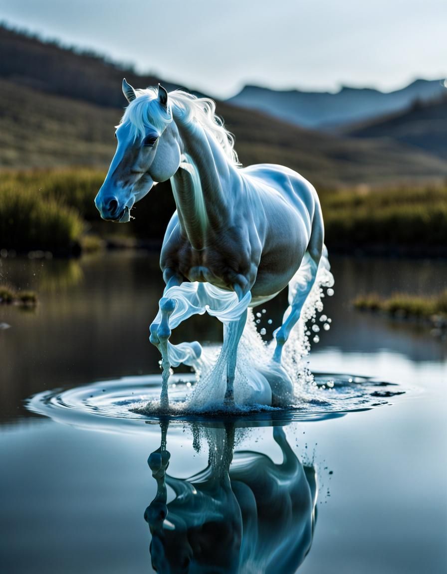 a transparent horse made of water coming out of a lake 