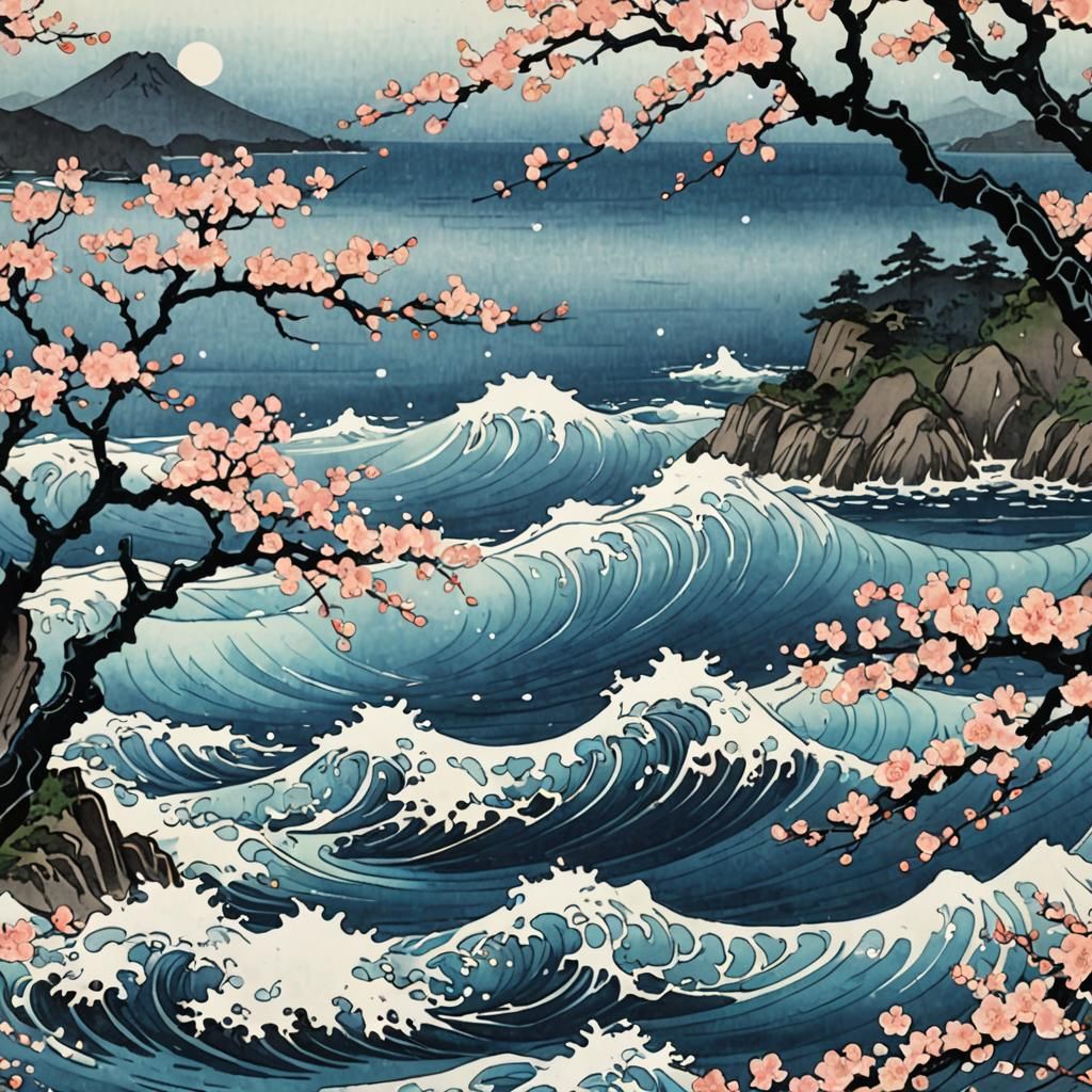Surreal Cherry Blossom Ocean Scene in Japanese Ink Style