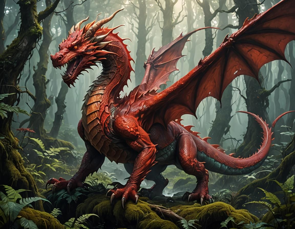 Red Dragon in Spooky Forest: Dark Fantasy Art