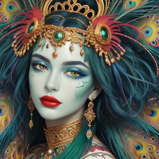 Vibrant Expressionist Portrait with Peacock Feathers Hair an...