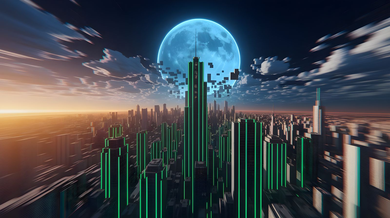 Tron Matrix Cityscape Under Glitching Blue Neon Moon