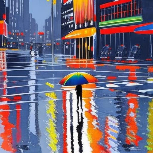 Epic City Rain in Vibrant Neon and Gouache Style
