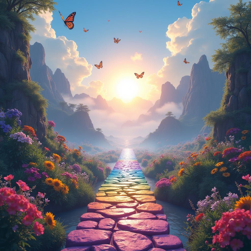 Multicolored Rainbow Bridge with Stepping Stones, Flowers, a...