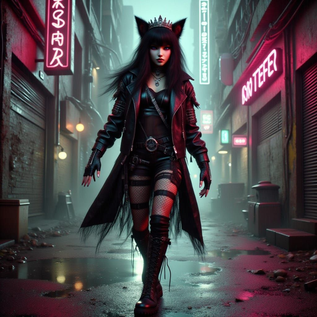 Close up portrait. cyberpunk feline folk gang princess with ...