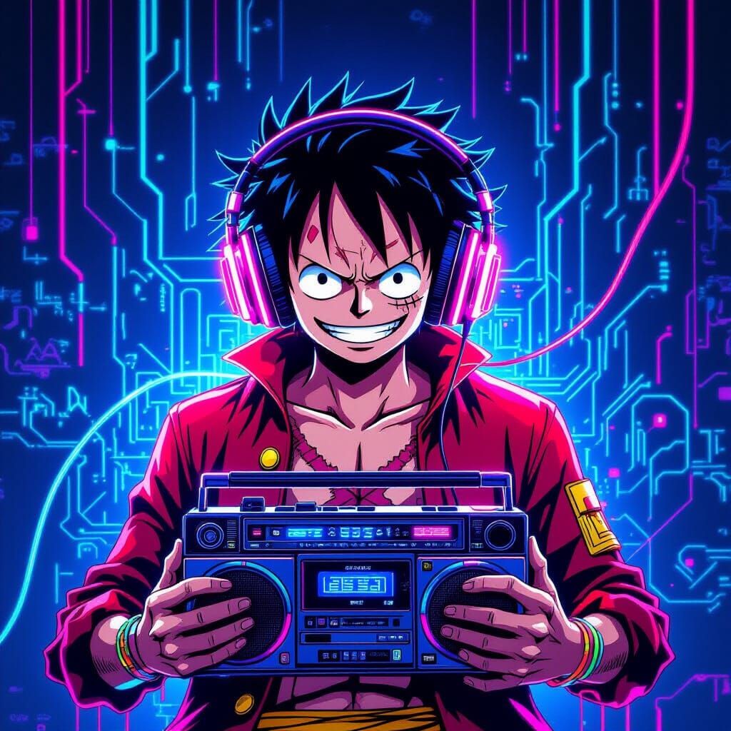 Luffy in Cyberpunk Style with Boombox and Neon Wires