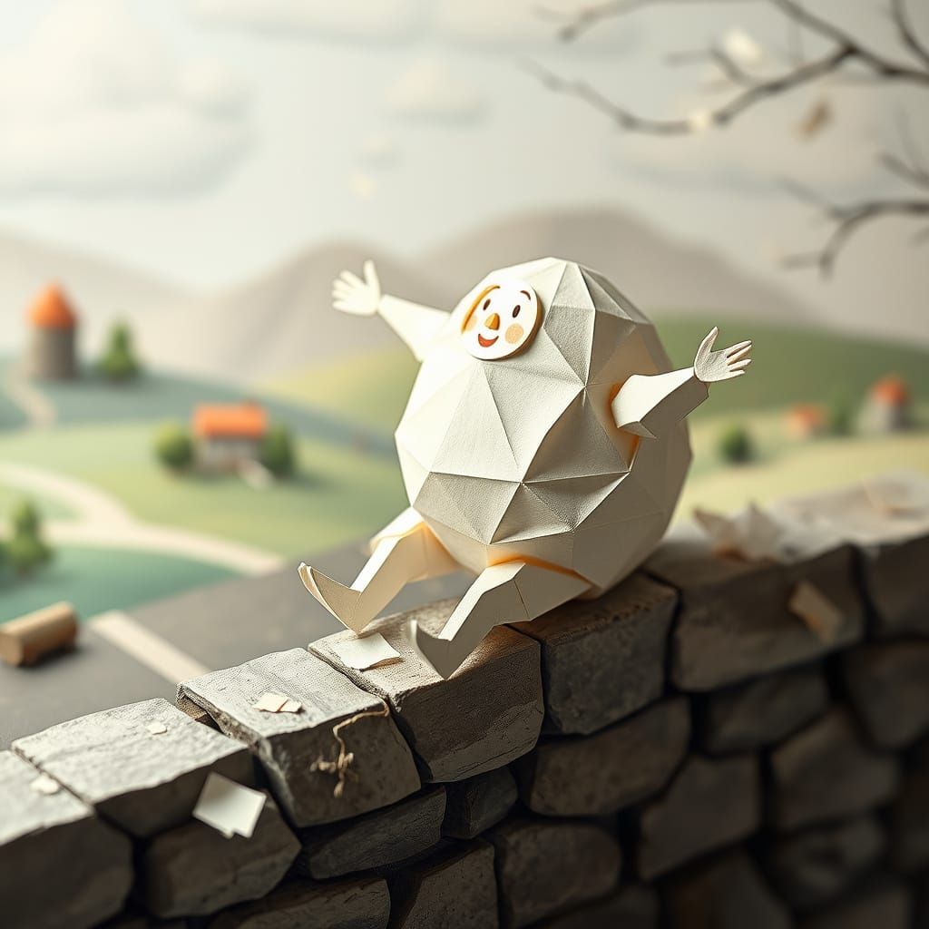 Whimsical Origami Humpty Dumpty in Serene Landscape