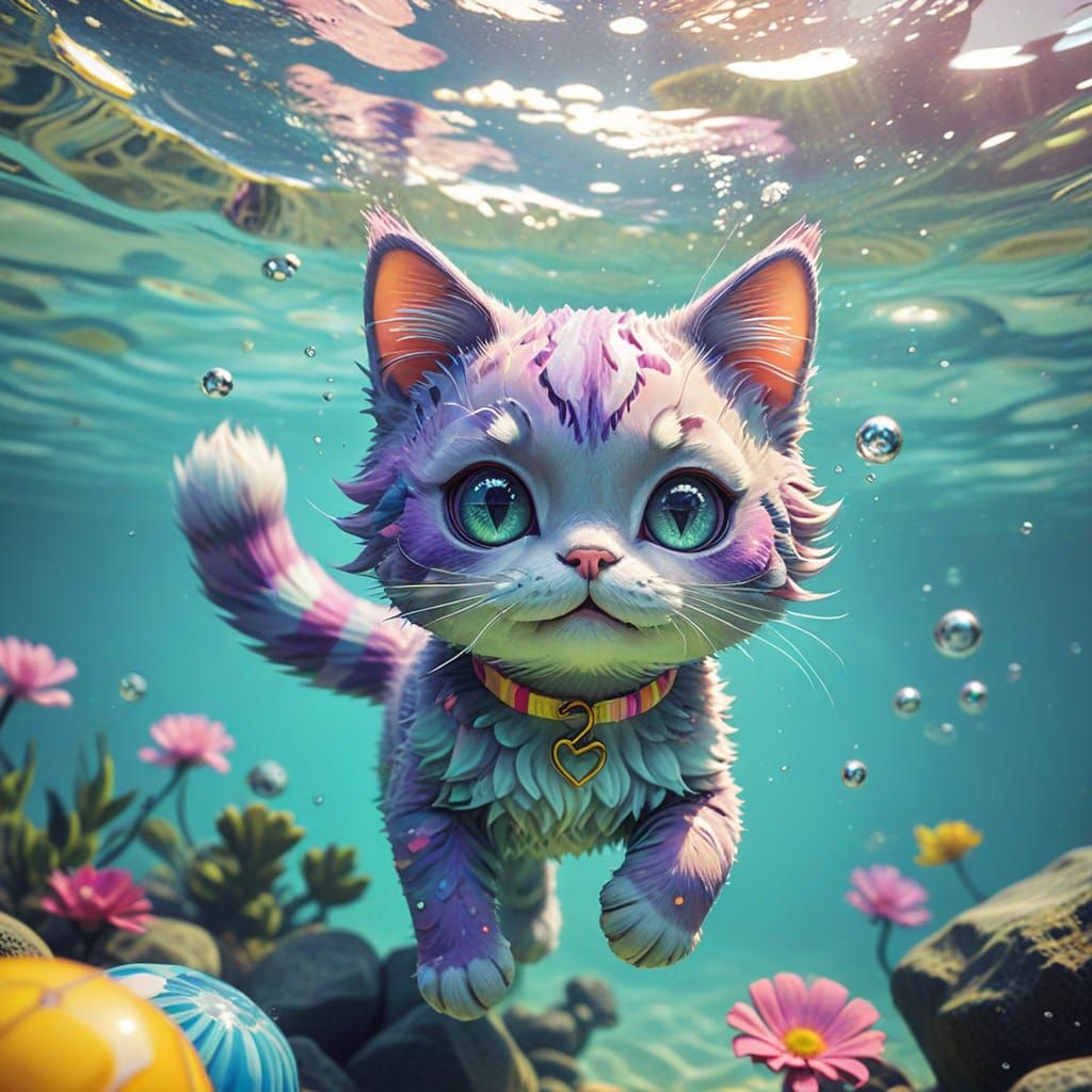 A cute anime chibi cat swimming underwear